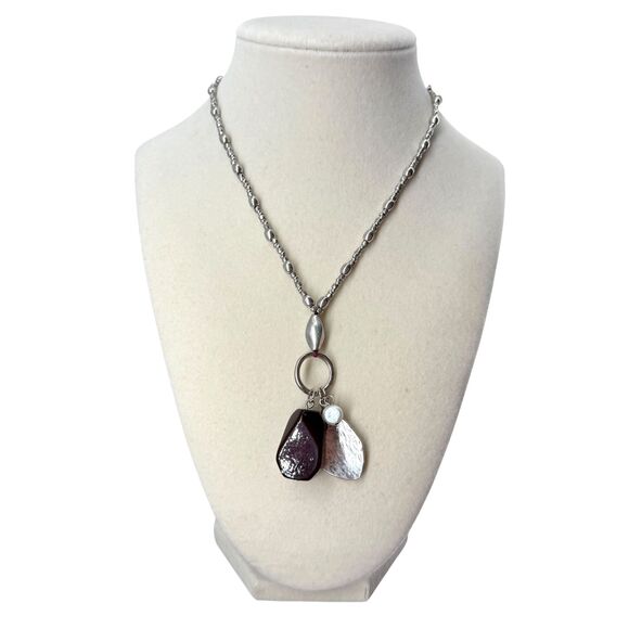 J. Jill Charm Necklace Beaded Silver Tone Chain Hammered Metal Stone Faux Pearl - Picture 2 of 7